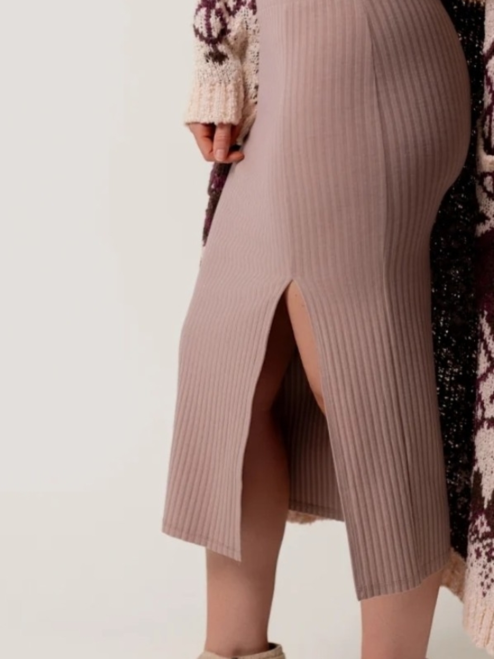 Joyfolie Ribbed Midi Skirt with Front Slit - Mauve